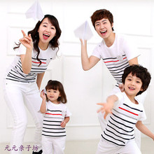 亲子装夏季2015新款韩版一家四口短袖条纹t恤热卖纯棉家庭活动装