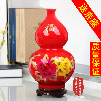 包邮 景德镇陶瓷 中国红麦秆牡丹葫芦花瓶 家居摆件 结婚礼品