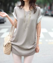 2014韩版夏季新款短袖雪纺中长款纯色大码休闲V领女T恤打底衫上衣
