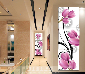 4紫色郁金香 现代简约装饰画三联画 客厅无框画壁画 竖版挂画促销