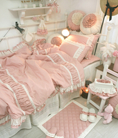 韩国进口代购粉色白色纯棉蕾丝褶皱荷叶边甜美公主床品四件套_250x250.jpg