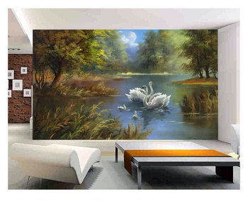 订做电视背景墙墙纸壁纸大型壁画 客厅办公室欧式油画唯美天鹅湖