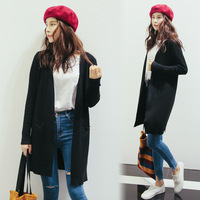 韩版简约气质格纹针织开衫 外搭长袖中长款毛衣外套女 三色可选_250x250.jpg