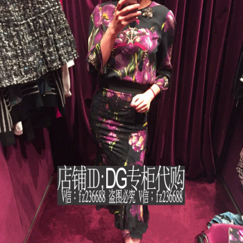 代购DG2016秋冬新款刺绣玩具紫色郁金香印花长袖上衣鱼尾半裙套装