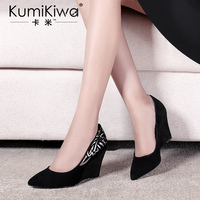 kumikiwa卡米夏秋新款女士尖头坡跟真皮单鞋浅口印花拼色高跟女鞋_250x250.jpg