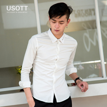 USOTT2016秋季纯白色男士长袖衬衫 韩版简约刺绣潮牌修身男装衬衣