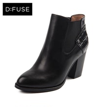 D：Fuse/迪芙斯2016秋季新款牛皮鳄鱼皮拼接尖头粗高跟短靴子女鞋