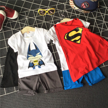 宝宝夏装男童卡通超人蝙蝠侠儿童套装短袖T恤+休闲裤两件套带披风