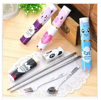 《厂家直销》韩式便携笔筒式餐具 卡通套装儿童可爱筷子勺子叉子