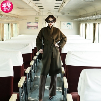 2015冬季韩版毛呢女款中长款大衣茧型军绿色廓形大码呢子风衣外套