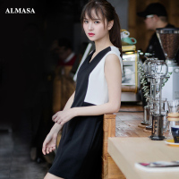 ALMASA V领无袖连衣裙女修身新款夏季黑白色拼接OL风格裙子中长款_250x250.jpg