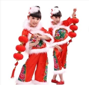 儿童秧歌演出服 儿童大红灯笼舞蹈表演服 男女民族服装 陕西民歌