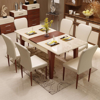 可伸缩餐桌现代简约餐桌椅组合 实木长方形钢化玻璃小公寓餐桌椅