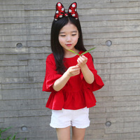 2016新款韩版童装大红色喇叭中袖上衣儿童纯棉T恤一件代发A186_250x250.jpg