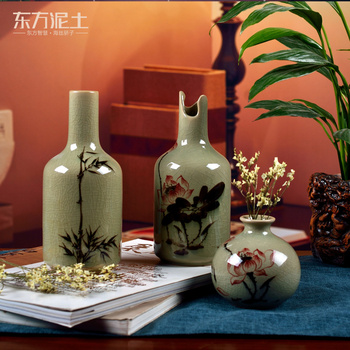 东方泥土 陶瓷手绘青瓷小花插插花器 创意花瓶客厅装饰工艺品摆件