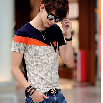 2015新款韩版纯棉休闲男士短袖t恤几何图案印花拼接修身上衣包邮