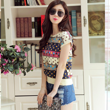 夏季新款韩版圆领蝙蝠袖几何印花T恤休闲混搭时尚修身条纹短袖女