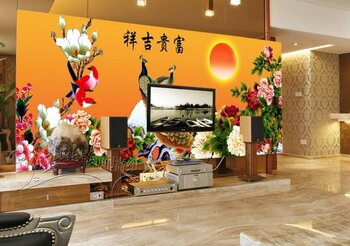中式国画吉祥富贵大型壁画客厅沙发卧室背景墙墙纸壁纸效果图牡丹