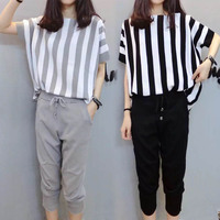 韩版夏季大码女装套装 t恤裤子条纹显瘦加肥加大 200斤胖mm两件套_250x250.jpg
