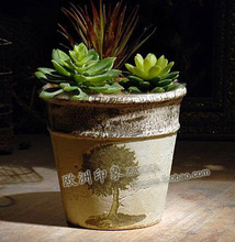 预售欧美式田园大树贴花做旧粗陶瓷原创设计多肉种植花盆花器