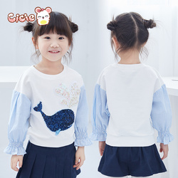 Cicie儿童宝宝女童装秋装新款韩版长袖条纹拼接卡通卫衣套头衫