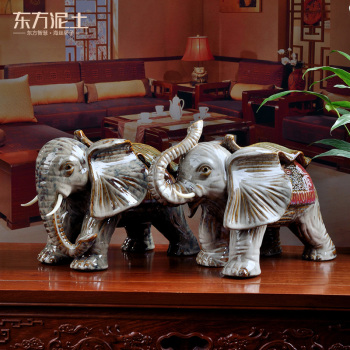 东方泥土 树叶大象摆件一对 德化陶瓷家居客厅新房工艺摆设装饰品