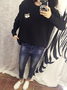 Yanda style2015秋女装韩国进口东大门代购秒杀刺绣猫咪长袖宽T恤