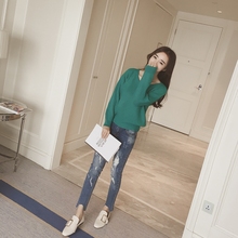 2016秋季新款韩版女装V领纯色宽松长袖针织衫显瘦百搭短款毛衣女