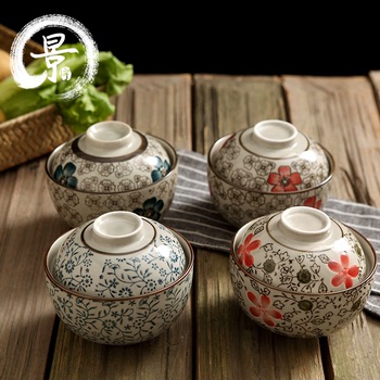 日式带盖陶瓷餐具釉下彩4.5寸盖碗饭碗隔水炖盅创意保温防尘碗