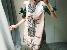 JN 韩国直送独特设计亚麻舒适露肩肩部系带丝带菠萝连衣裙a字裙