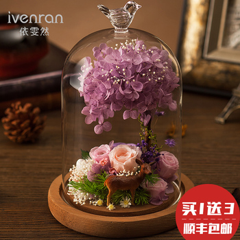 ivenran永生花礼盒玻璃罩永生玫瑰花保鲜花干花创意摆件生日礼物