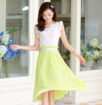 2015夏季新款女装修身蕾丝雪纺百褶无袖气质连衣裙