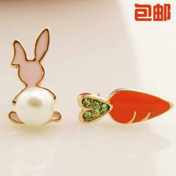 韩版时尚无耳洞耳环不对称兔子胡萝卜假耳夹软垫式耳钉饰品