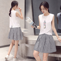 2016新款夏季女装潮套装韩版无袖印花T恤格子高腰半身短裙两件套_250x250.jpg
