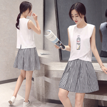 2016新款夏季女装潮套装韩版无袖印花T恤格子高腰半身短裙两件套