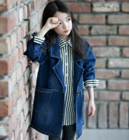 2015年秋韩国儿童牛仔外套韩版女童牛仔大衣风衣男童中长款亲子装