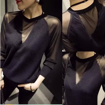 欧洲站2015秋装新款V领性感上衣气质蕾丝拼接针织毛衣打底衫女装