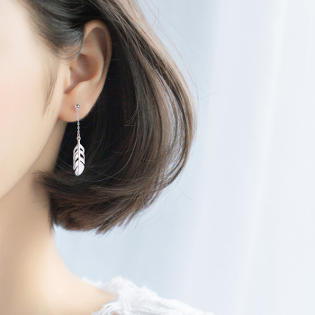 爱洛奇 925银耳环女韩版森系甜美羽毛耳环气质简约短款耳坠耳饰品