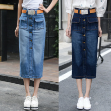 2016春夏新款韩版多口袋排扣修身显瘦高腰包臀牛仔半身裙女中长款
