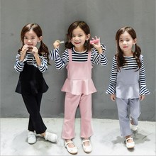 2016秋季新款儿童套装韩版女童背带裙+条纹T恤+裤子三件套套装