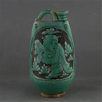 磁州窑绿釉雕刻婴戏纹皮暖壶 做旧仿宋代出土古瓷器 收藏古玩古董