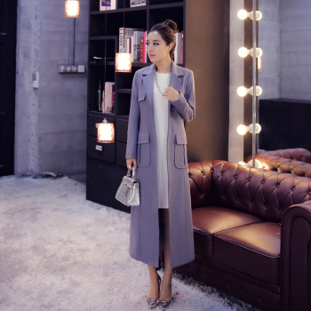 灰色超长款毛呢外套2015韩版冬季新款系带修身显瘦呢子大衣女装潮