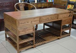 东阳木雕办公桌椅组合 中式实木仿古榆木家具电脑桌大班台写字台