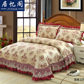 欧式宫廷加厚提花床盖三件套婚庆夹棉绗缝蕾丝床单1.82.0床罩枕套