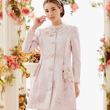 专柜正品2016新款秋装 粉红玛丽 女装中长外套印花蕾丝时尚风衣