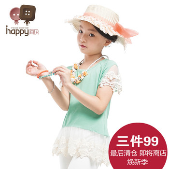 【三件99】海贝童装2015小中大女童韩版短袖中长款T恤蕾丝花边