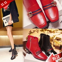 韩版秋冬新款真皮靴子红色方头短靴粗跟平底黑色马丁靴牛皮女_250x250.jpg