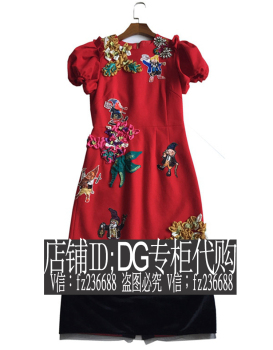 代购DG2016秋新款公主童话立体扎花镶钻钉珠刺绣小矮人红色连衣裙
