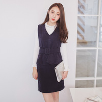 2016韩版新品时尚套装荷叶边休闲针织衫修身V领包臀一步两件套裙_250x250.jpg