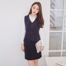 2016韩版新品时尚套装荷叶边休闲针织衫修身V领包臀一步两件套裙